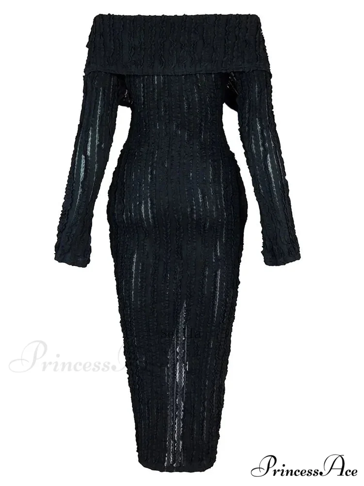 Women's Pleated Off Shoulder See-Through Fitted Ruched Party Night Sexy Midi Dress - Image 5