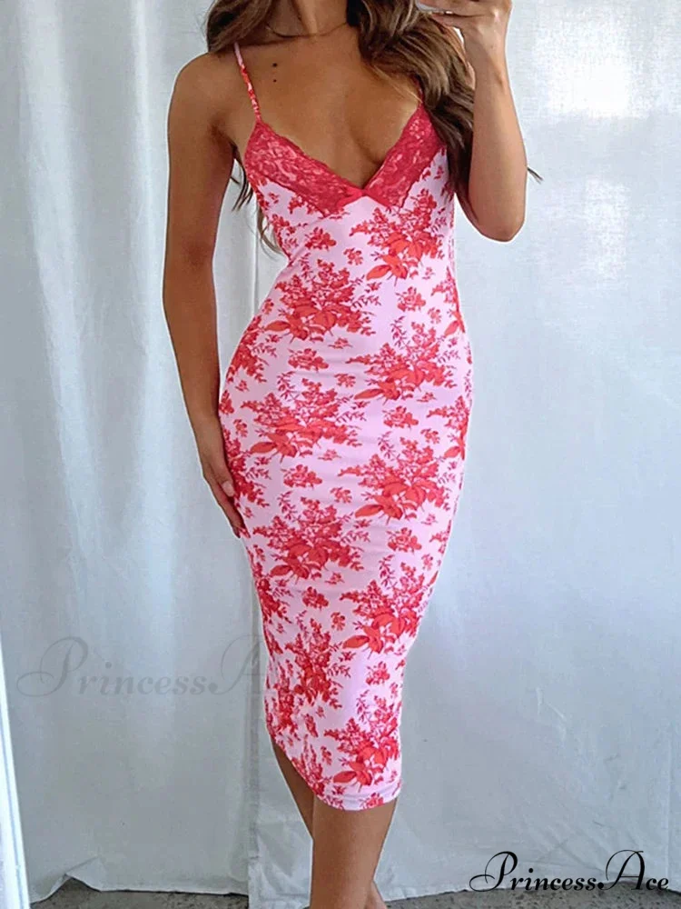 Floral Print V Neck Lace Slip for Women's Club Party Sexy Backless Sunes Midi Dress Summer - Image 6