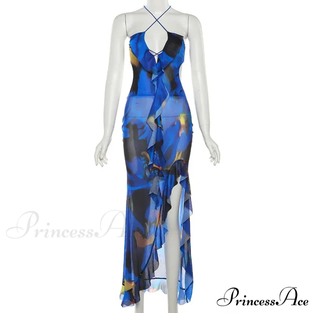 Bandage Slit Ruffle Plunge V-Neck Elegant for Women's Club Party Print SunSummer Midi Dress - Image 6