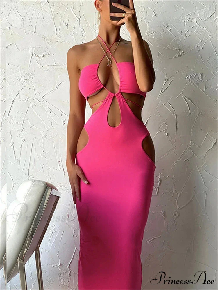 2024 Cut Out Party Evening Sexy Black Women's 2024 Summer Hollow Out Halter Wrap Long Backless Midi Dress - Image 2