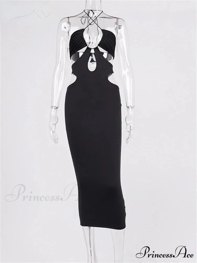 2024 Cut Out Party Evening Sexy Black Women's 2024 Summer Hollow Out Halter Wrap Long Backless Midi Dress - Image 6