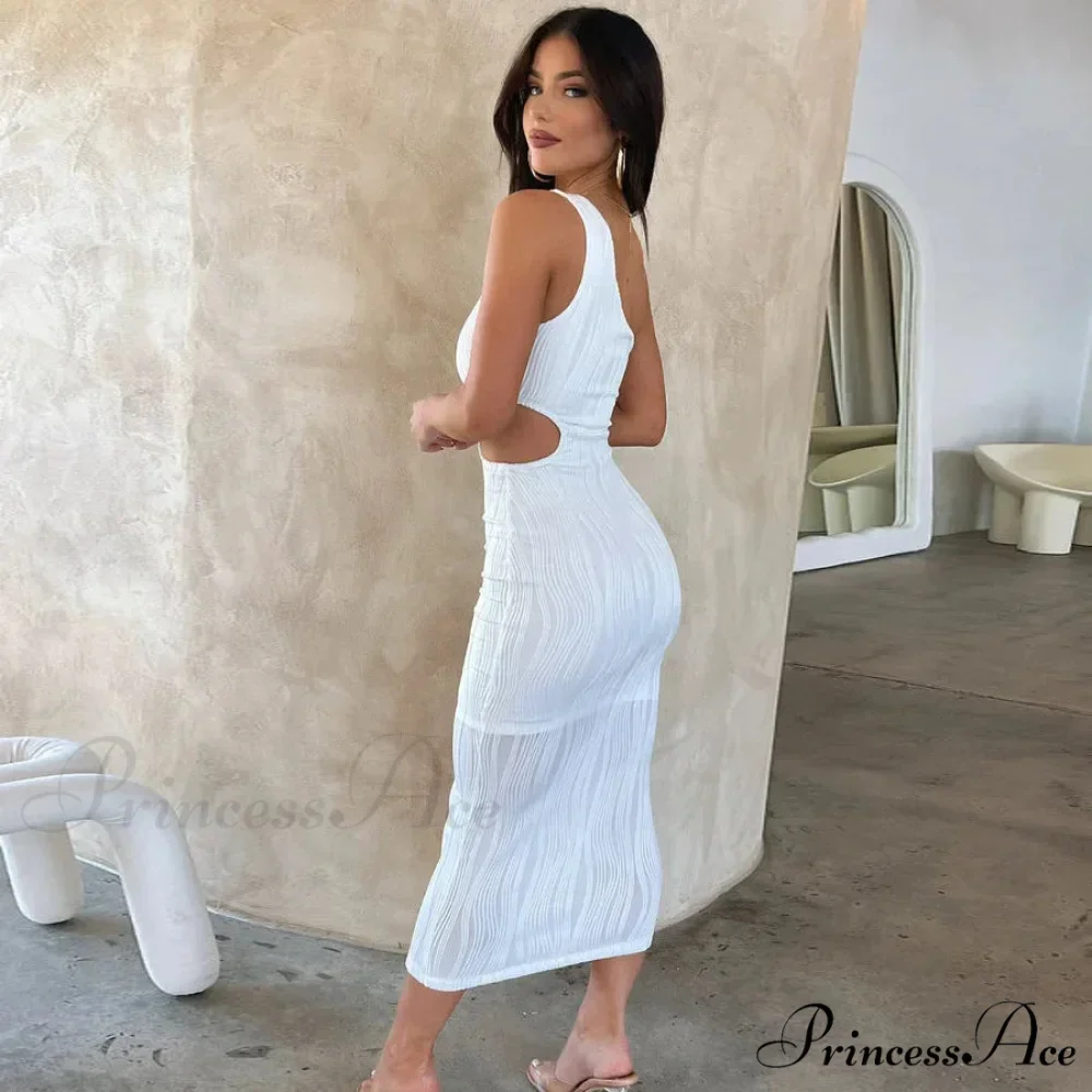 Irregular Cut Out Club Party Sleeveless One Shoulder Textured Midi Dress - Image 2