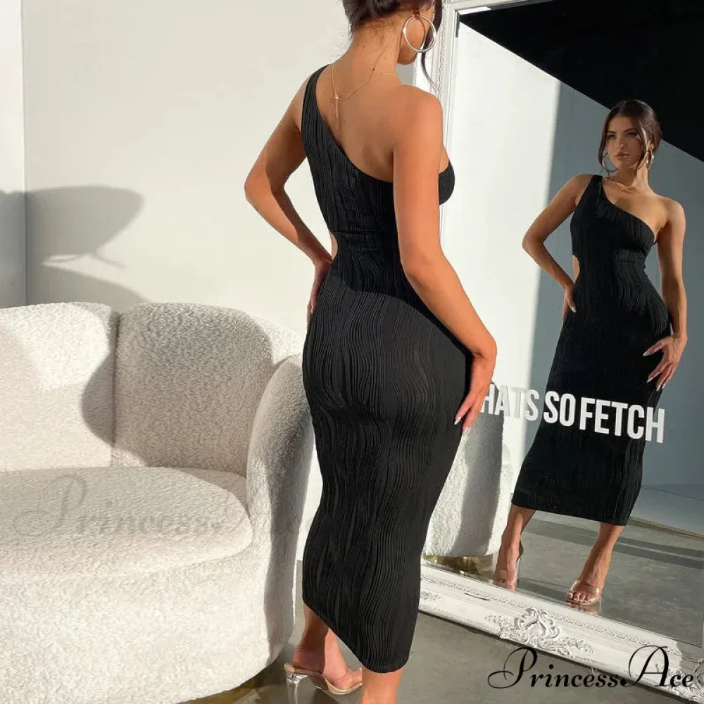 Irregular Cut Out Club Party Sleeveless One Shoulder Textured Midi Dress - Image 5