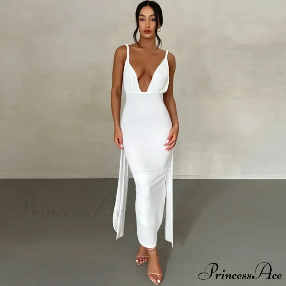 Sexy Plunge Deep V Neck Summer Club Party Sleeveless Ruched Slit Midi Dress - Image 3