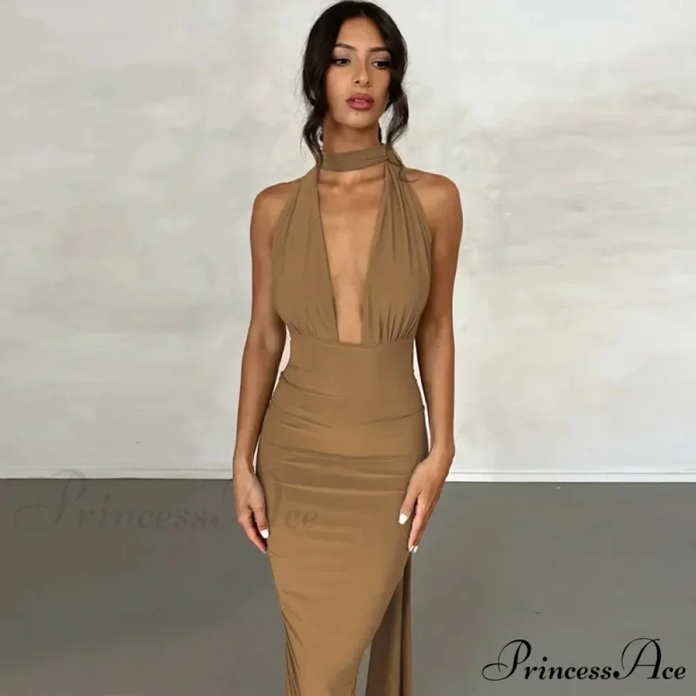 Sexy Plunge Deep V Neck Summer Club Party Sleeveless Ruched Slit Midi Dress - Image 5