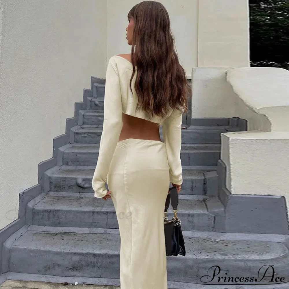 Off Shoulder Long Sleeve Top and Skirt 2 Piece Set Asymmetric Silky Co-Ords Matching Sets Midi Dress - Image 3