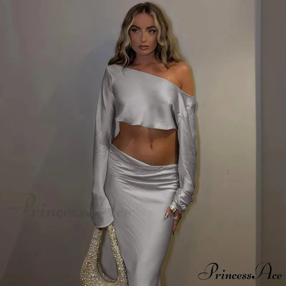 Off Shoulder Long Sleeve Top and Skirt 2 Piece Set Asymmetric Silky Co-Ords Matching Sets Midi Dress - Image 5
