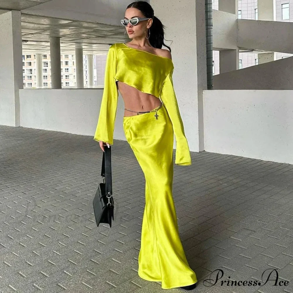 Off Shoulder Long Sleeve Top and Skirt 2 Piece Set Asymmetric Silky Co-Ords Matching Sets Midi Dress - Image 7