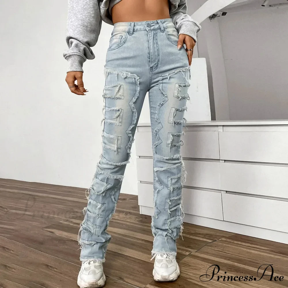 Vintage Denim Embroidered Stacked Jeans - Image 2