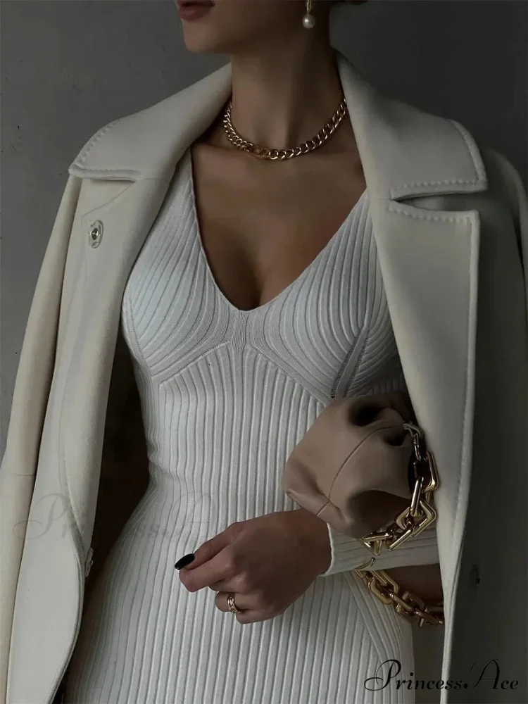Fall Winter V-Neck Knitted Party Slit Long Sleeve Sweaters Midi Dress - Image 4