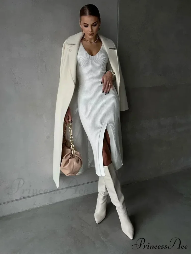 Fall Winter V-Neck Knitted Party Slit Long Sleeve Sweaters Midi Dress - Image 5