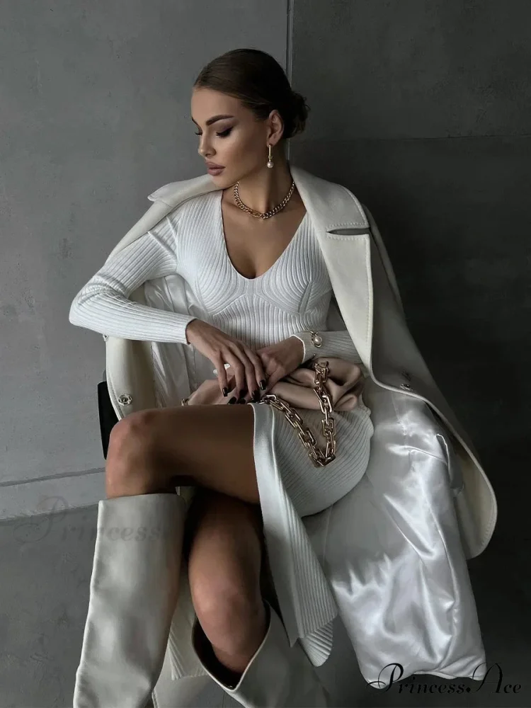 Fall Winter V-Neck Knitted Party Slit Long Sleeve Sweaters Midi Dress - Image 6