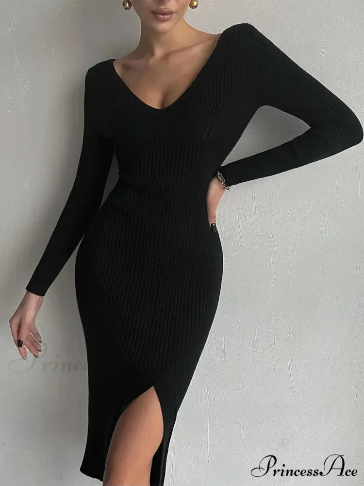 Fall Winter V-Neck Knitted Party Slit Long Sleeve Sweaters Midi Dress - Image 7