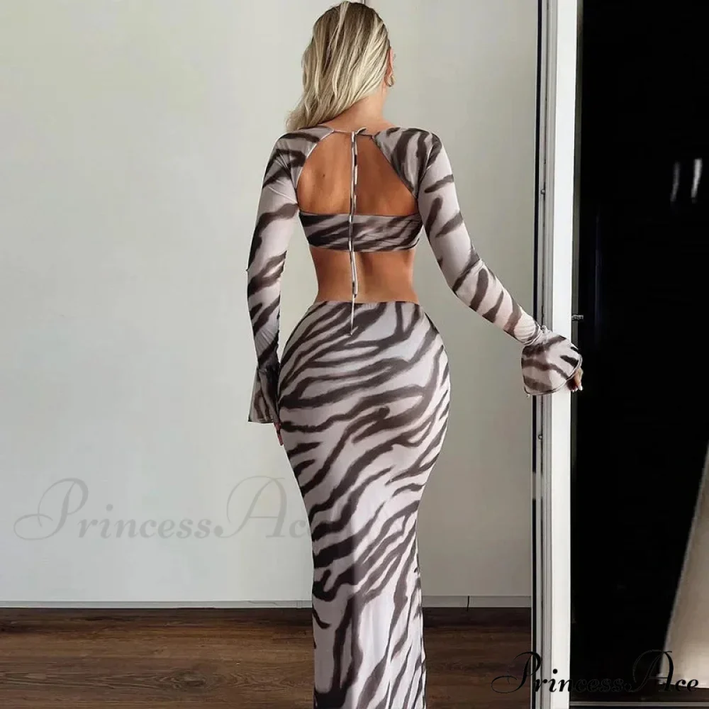 Zebra Print Y2K Skirt Two Piece Set Long Sleeve Backless Crop Top and Skirt Suit Maxi Dress - Image 3