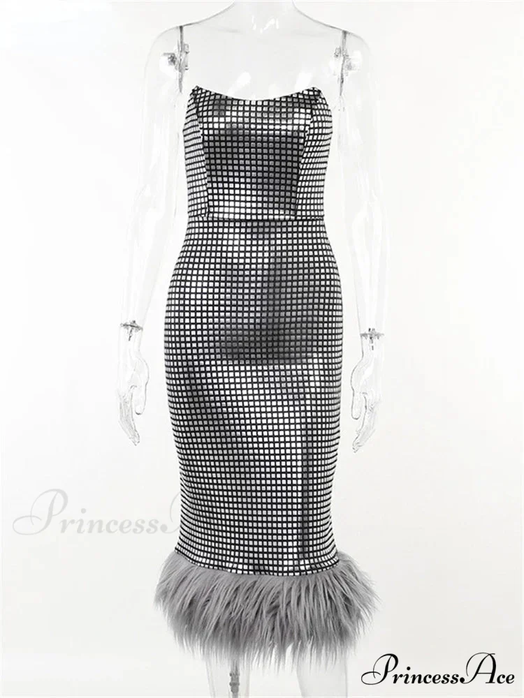 Strapless Backless Evening Party Club Elegant Faux Fur Slim Midi Dress - Image 5