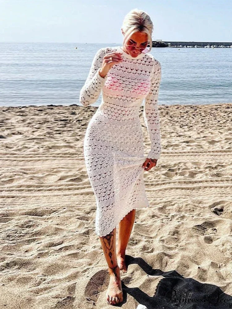 Hollow Out Backless Knitted Fashion Long Sleeve Lace Up Mix Midi Dress - Image 3