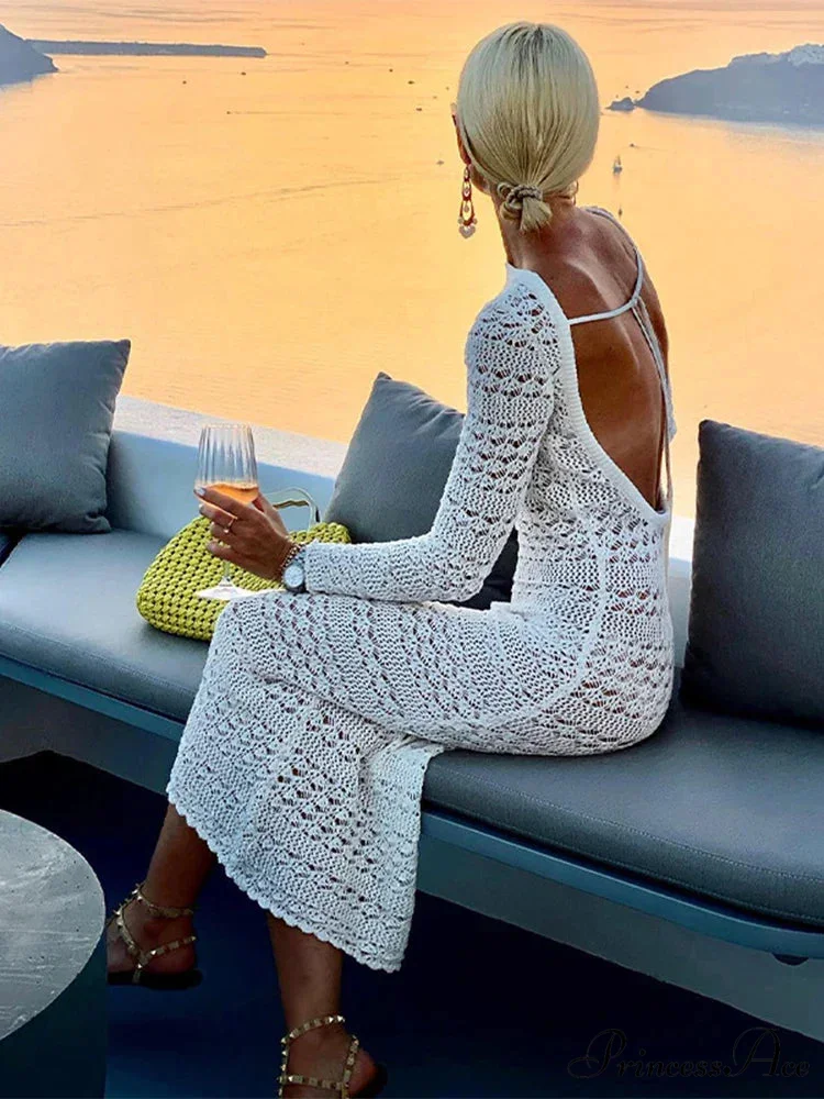 Hollow Out Backless Knitted Fashion Long Sleeve Lace Up Mix Midi Dress - Image 4
