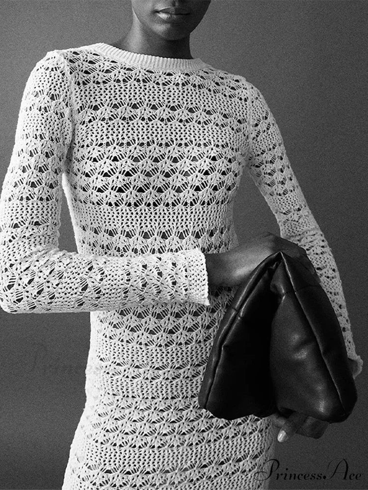 Hollow Out Backless Knitted Fashion Long Sleeve Lace Up Mix Midi Dress - Image 6