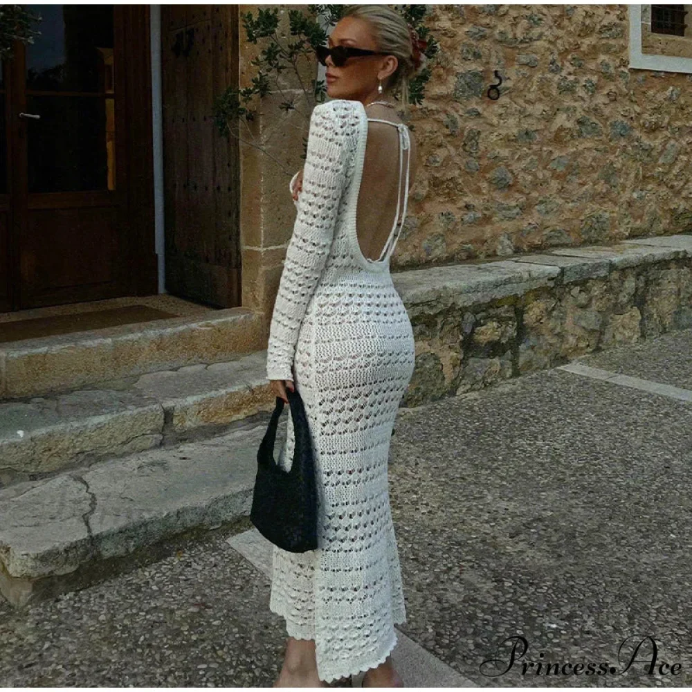 Hollow Out Backless Knitted Fashion Long Sleeve Lace Up Mix Midi Dress - Image 7