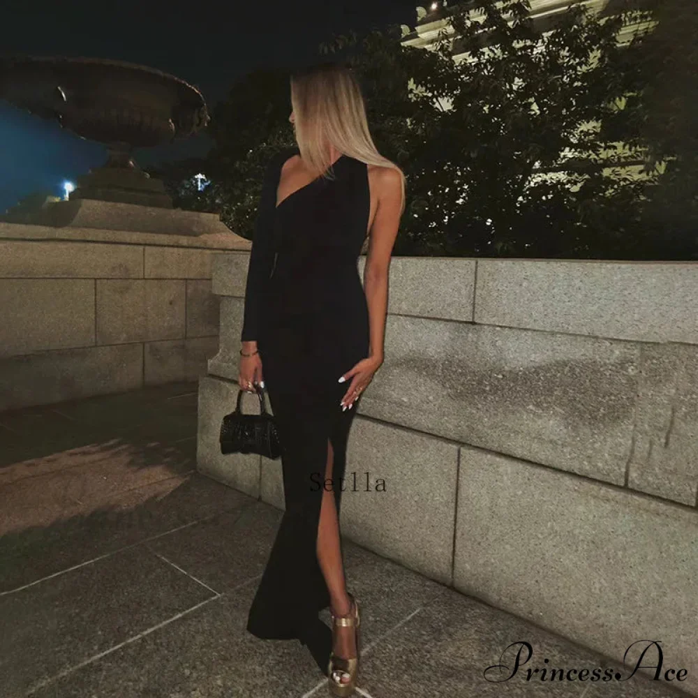 Fashion One Shoulder Split Long Sleeve Vestido Gown Maxi Dress - Image 2