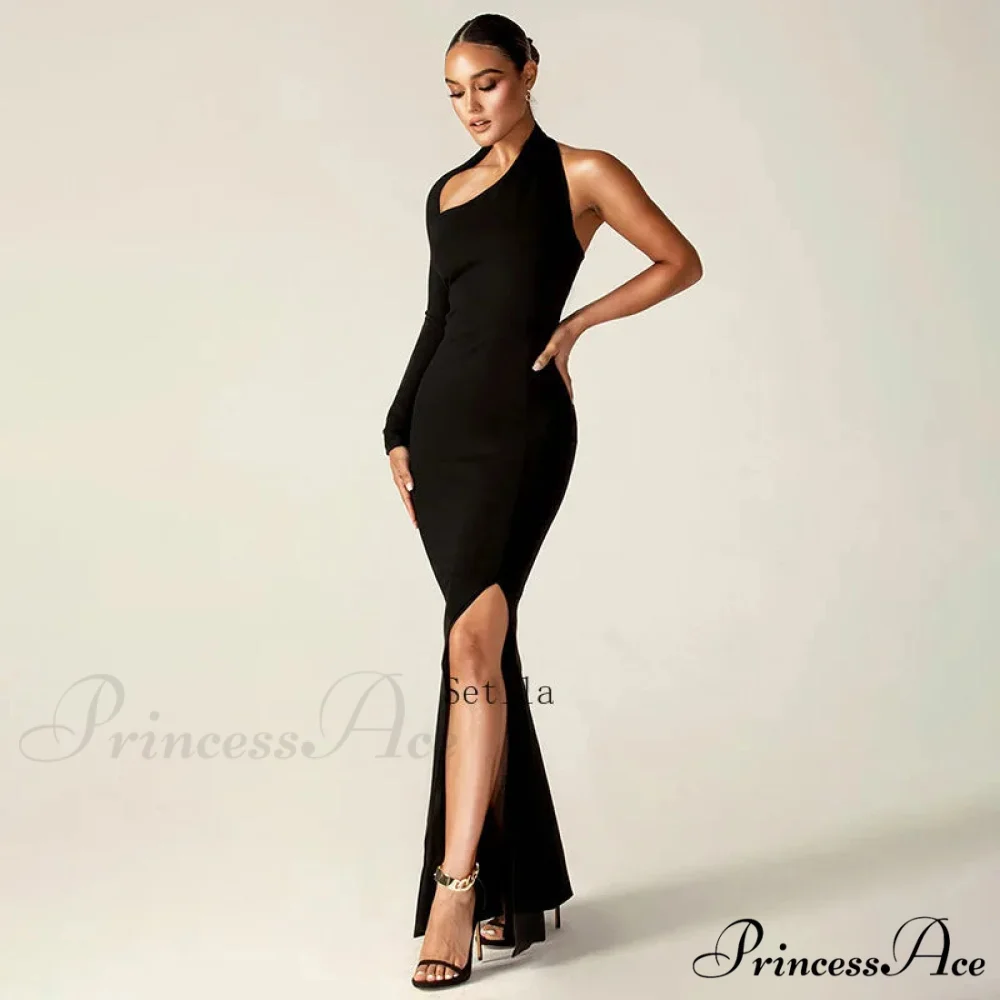 Fashion One Shoulder Split Long Sleeve Vestido Gown Maxi Dress - Image 5