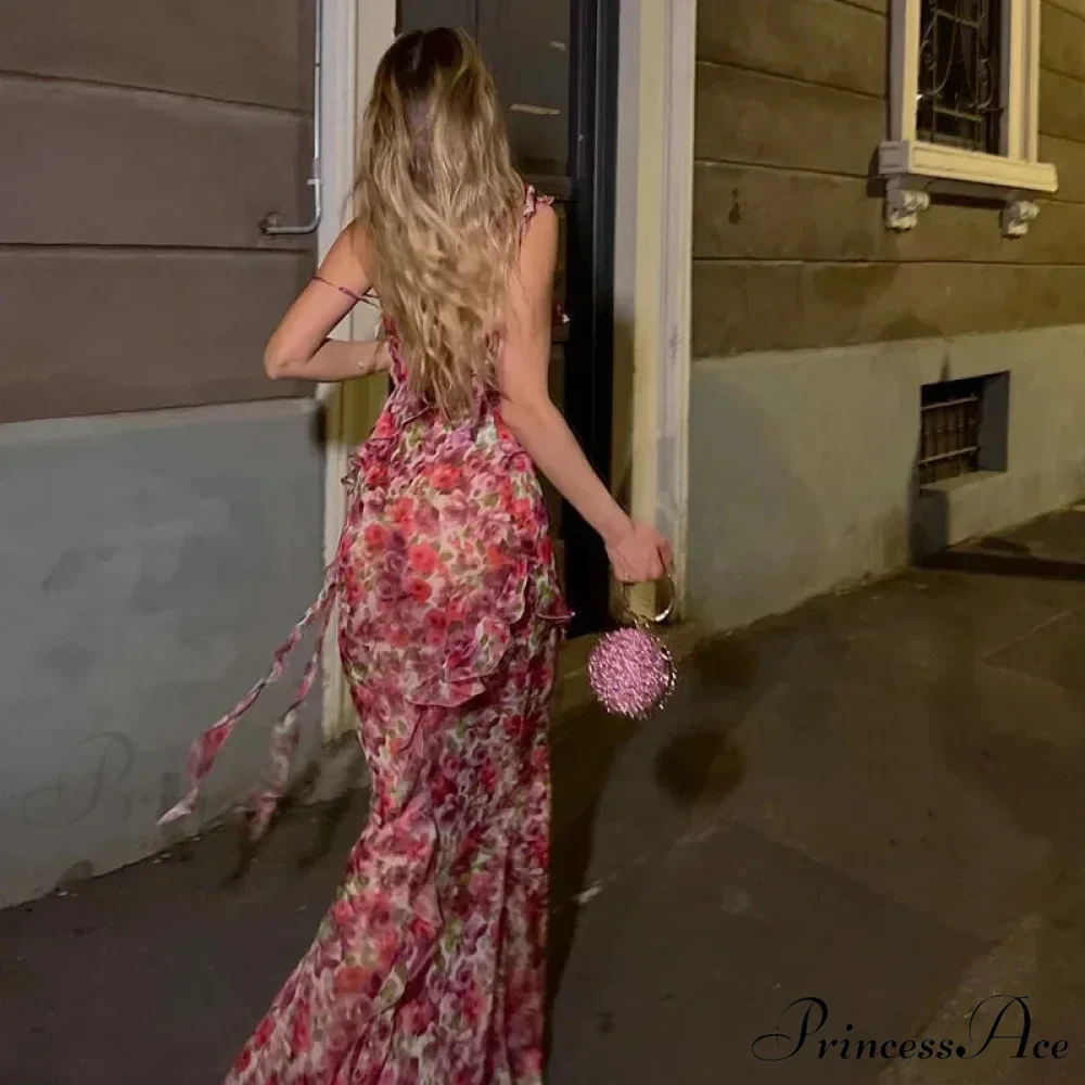 Ruffle Backless Floral Print See Through Grunge Summer Maxi Dress - Image 3
