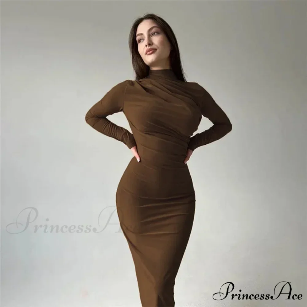 Autumn Ruched Long Slinky Sexy Birthday Robes Midi Dress - Image 12
