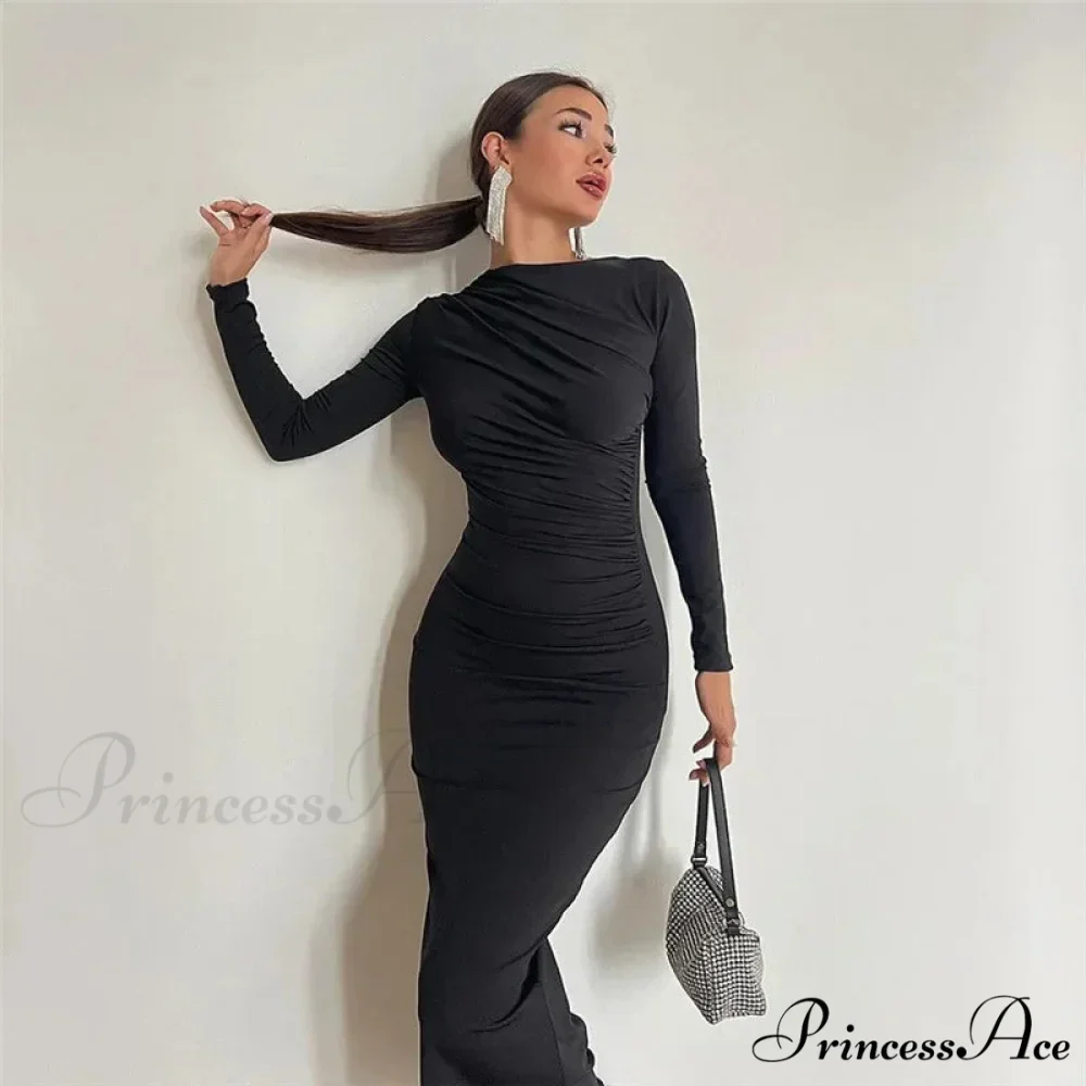 Autumn Ruched Long Slinky Sexy Birthday Robes Midi Dress - Image 7