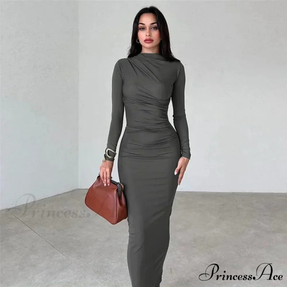 Autumn Ruched Long Slinky Sexy Birthday Robes Midi Dress - Image 8