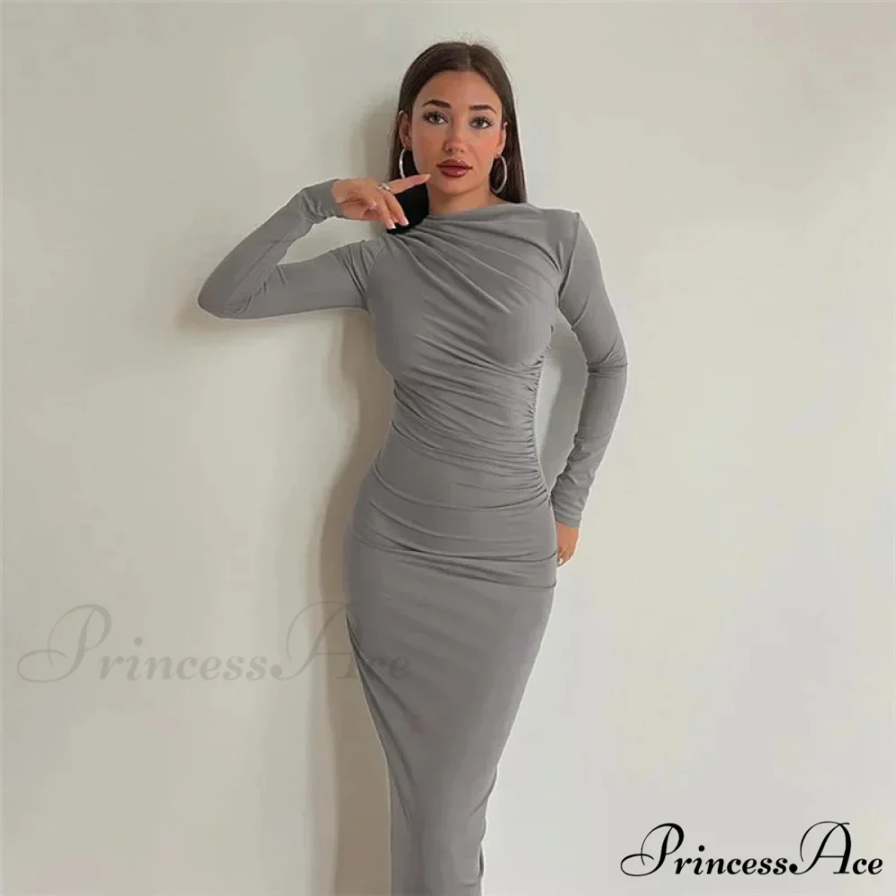 Autumn Ruched Long Slinky Sexy Birthday Robes Midi Dress - Image 9