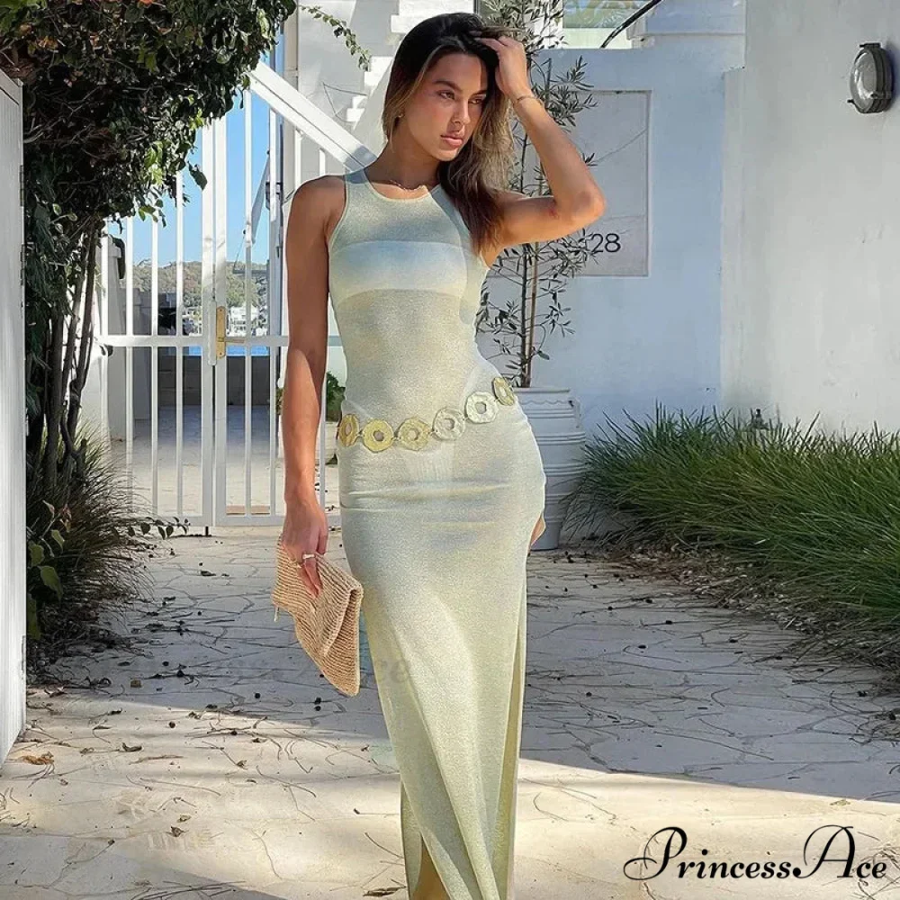 Sleeveless Split Chic Rave Festival See Through Glitter Midi Dress - Image 5