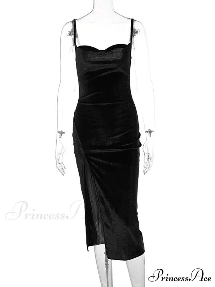 Velvet Swing Collar Sleeveless Sexy Slit Midi Dress - Image 5