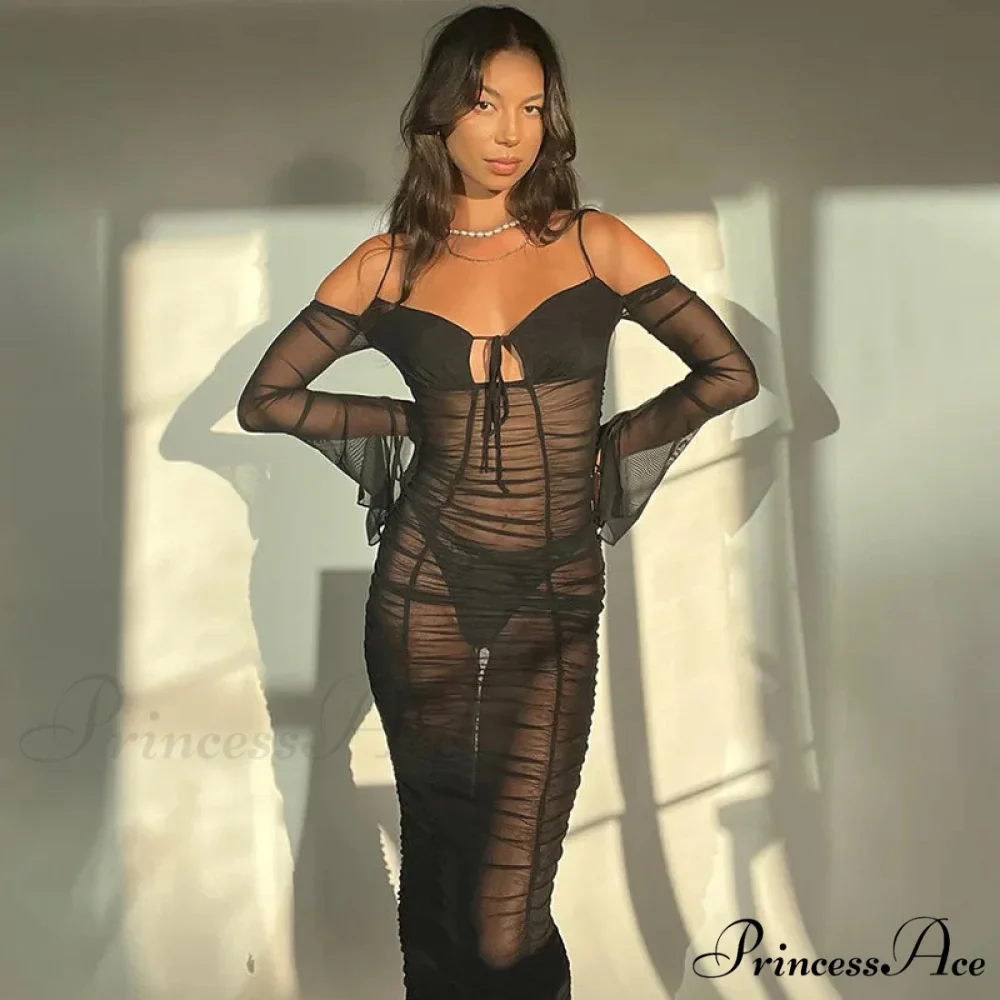 Fashion Mesh See Through Tie Front Maxi Dress - Image 3