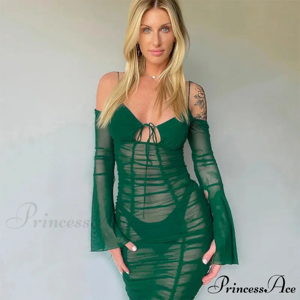 Fashion Mesh See Through Tie Front Maxi Dress - Image 6