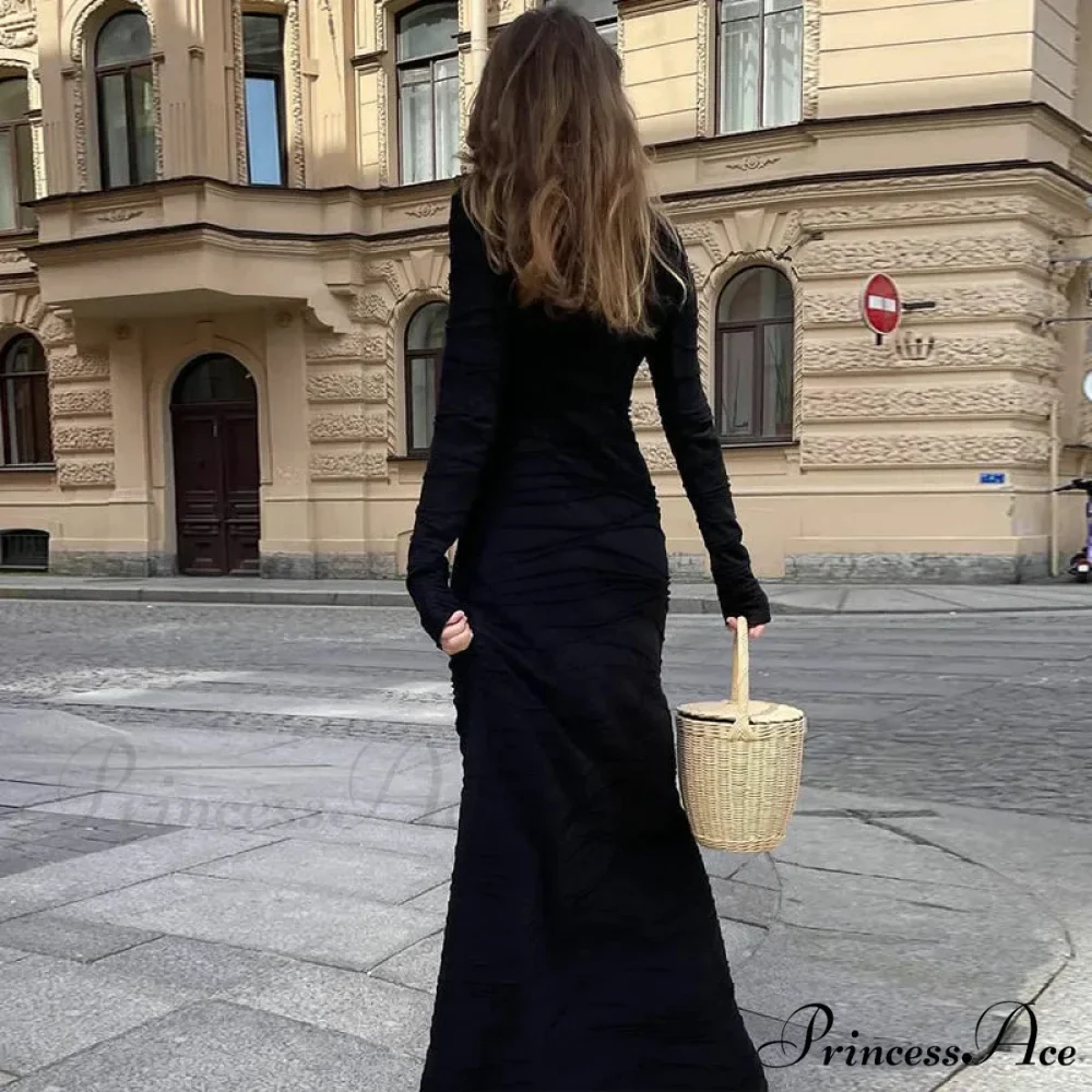 Ruffles Frill Round Neck Long Sleeve Maxi Dress - Image 3