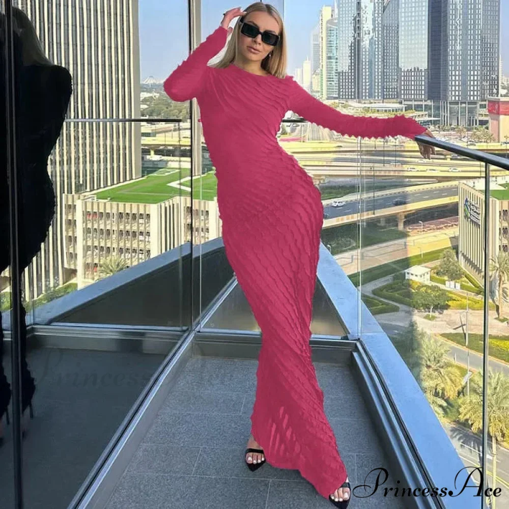 Ruffles Frill Round Neck Long Sleeve Maxi Dress - Image 5