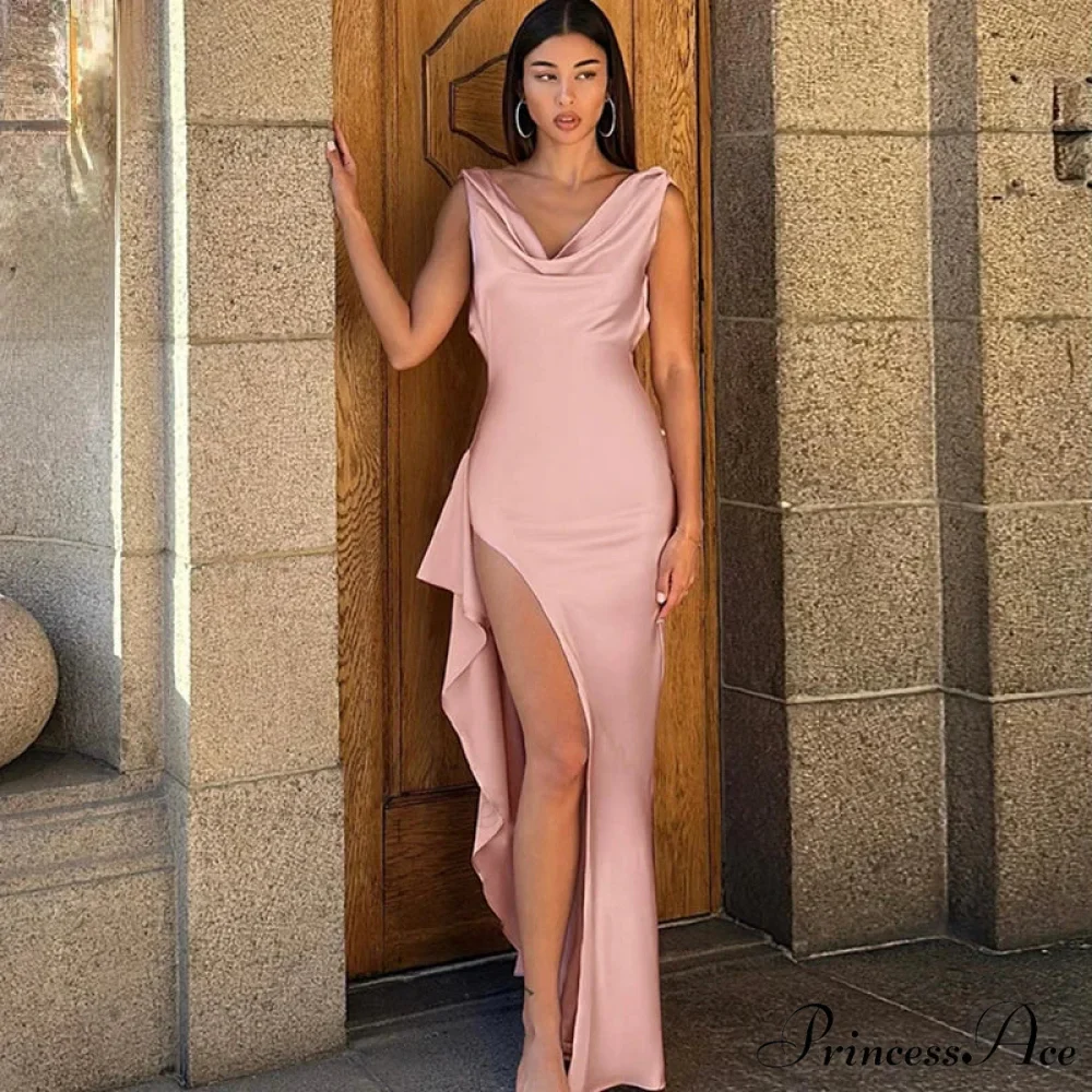 Fashion Open Back Ruffle Slit Backless Maxi Dress - Image 2
