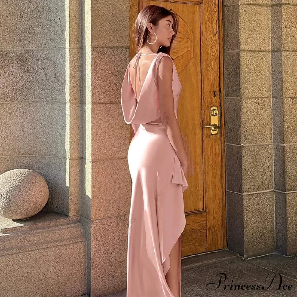 Fashion Open Back Ruffle Slit Backless Maxi Dress - Image 3