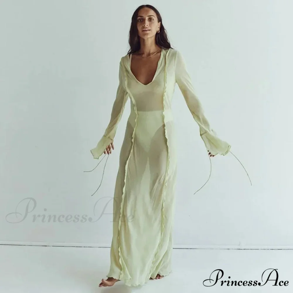 Mesh Transparent Flare Sleeve Cover-Ups Maxi Dress - Image 2