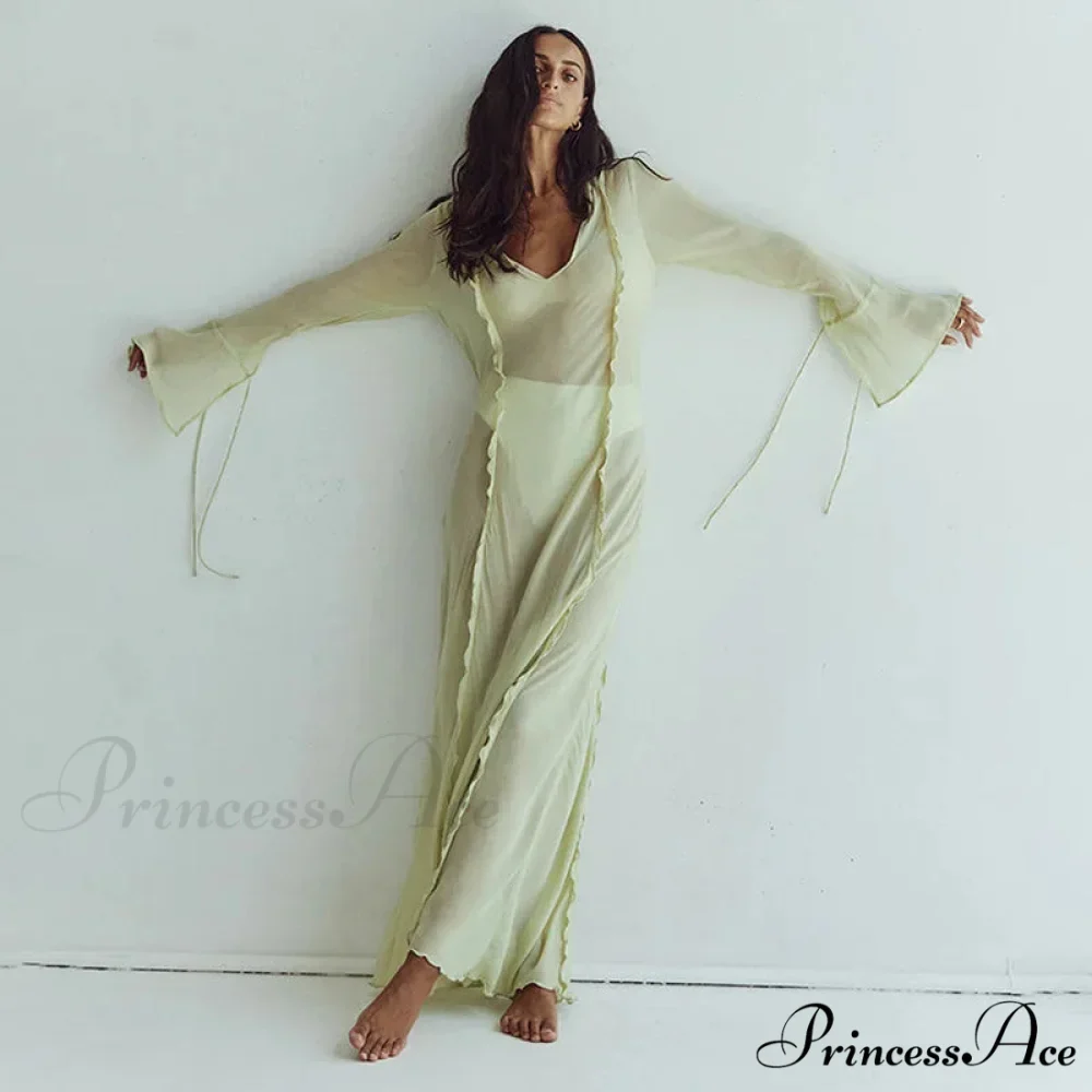 Mesh Transparent Flare Sleeve Cover-Ups Maxi Dress - Image 3