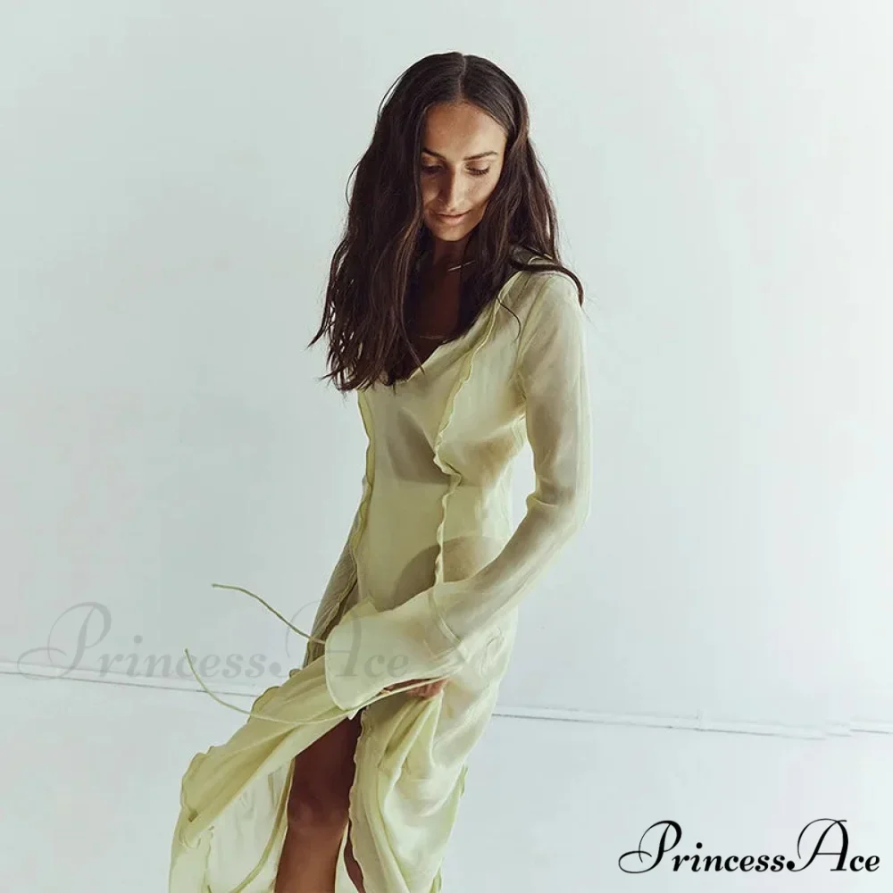 Mesh Transparent Flare Sleeve Cover-Ups Maxi Dress - Image 4