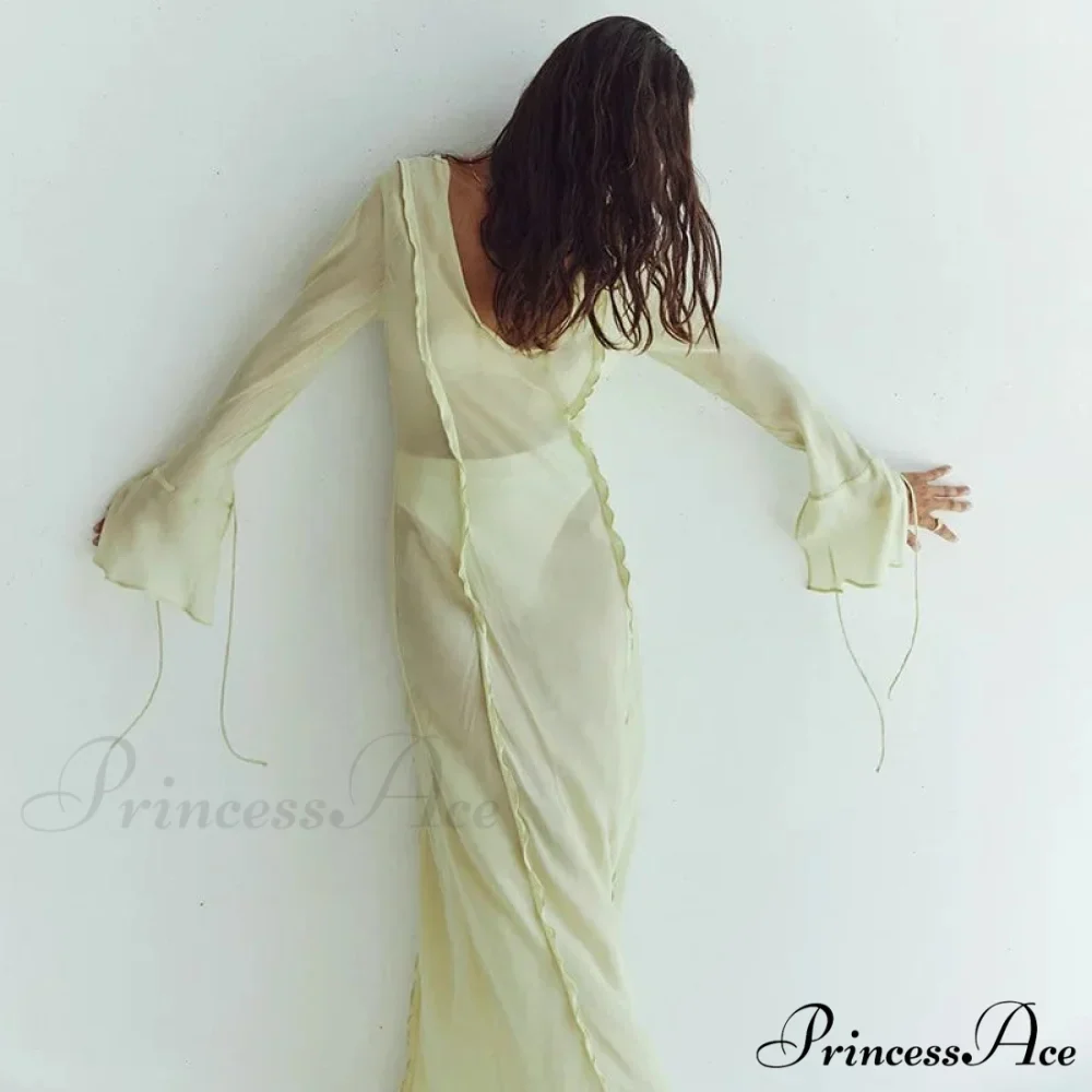 Mesh Transparent Flare Sleeve Cover-Ups Maxi Dress - Image 5