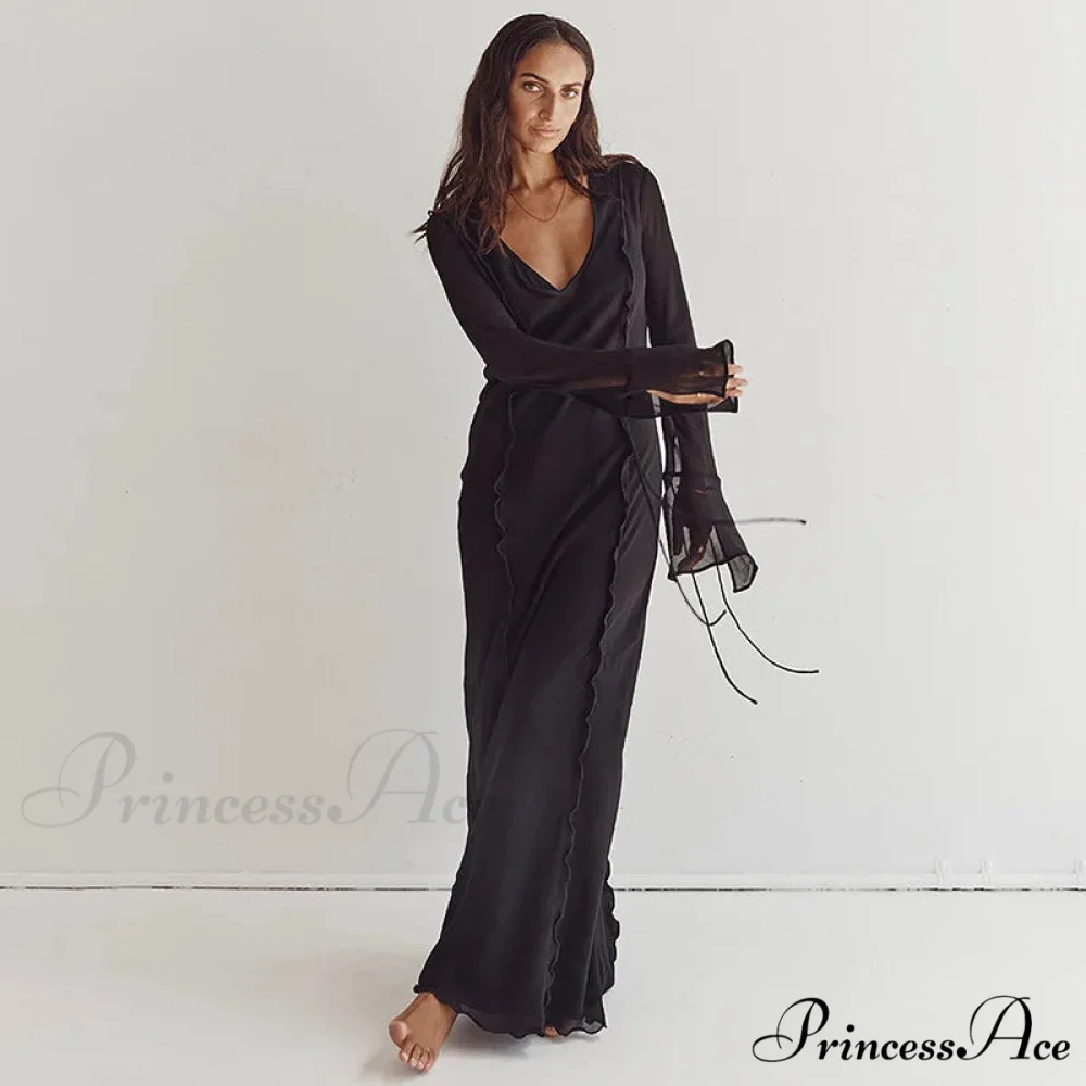 Mesh Transparent Flare Sleeve Cover-Ups Maxi Dress - Image 6