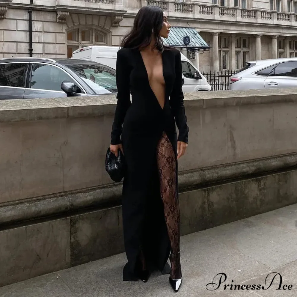 Deep V Neck Split Long Sleeve Sexy Gown Maxi Dress - Image 4