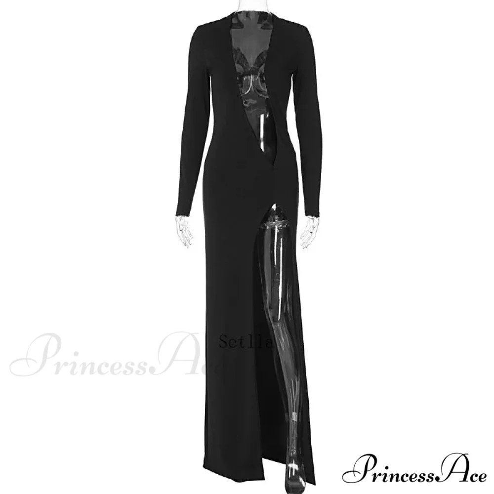 Deep V Neck Split Long Sleeve Sexy Gown Maxi Dress - Image 5