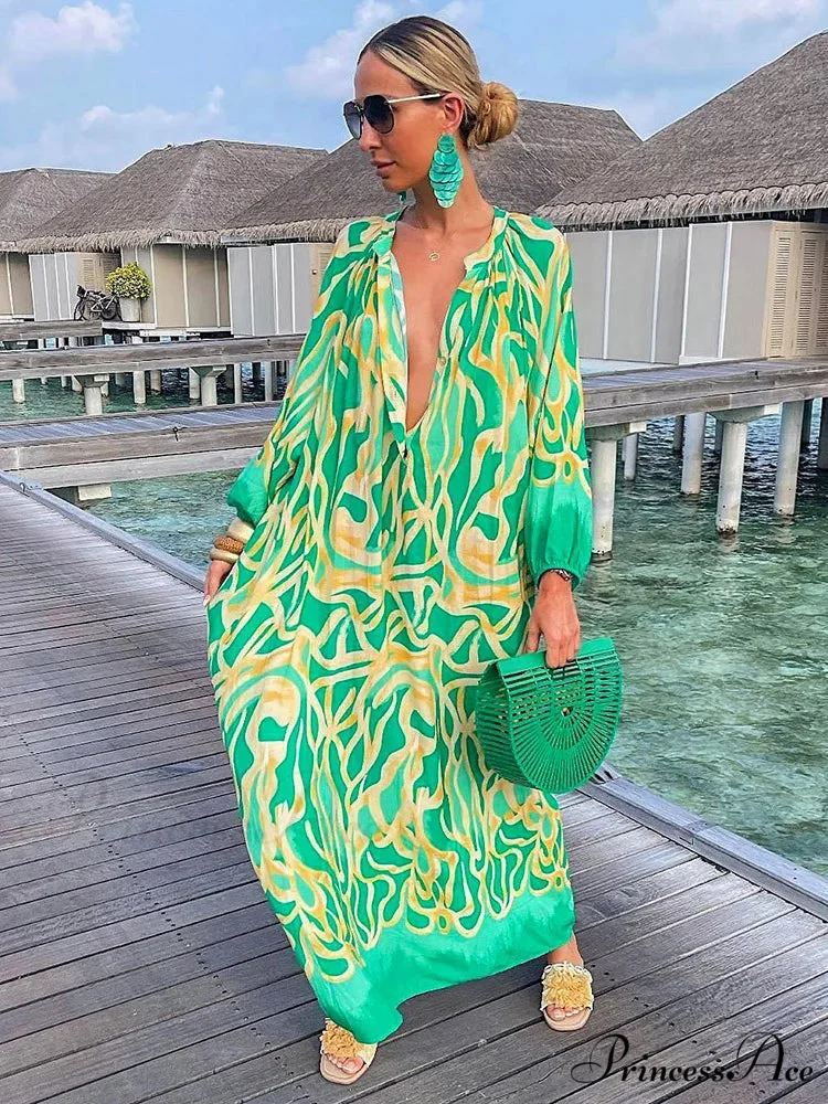 Women Boho Print Long Sleeve Maxi Dress - Image 2