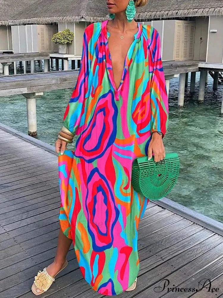 Women Boho Print Long Sleeve Maxi Dress - Image 3