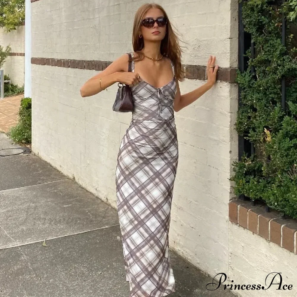 Fashion Plaid Print Outfits Maxi Dress - Image 4