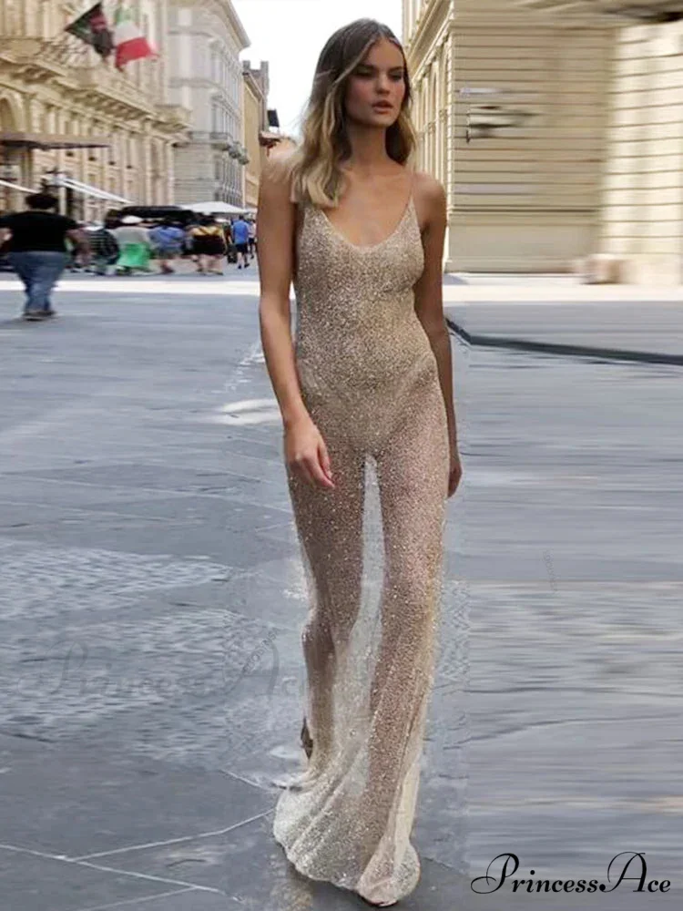 Beige See Through Deep V neck Side Slit Maxi Dress - Image 2