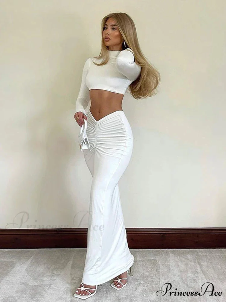 White Long Sleeve Ruched Top Maxi Dress - Image 3